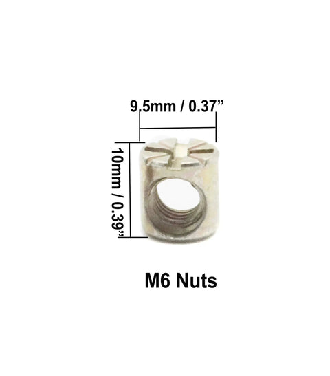 Close-up of M6 barrel nut with dimensions for Crib Screws And Barrel Nuts Kit For Bunk Beds And Cribs, steel material.