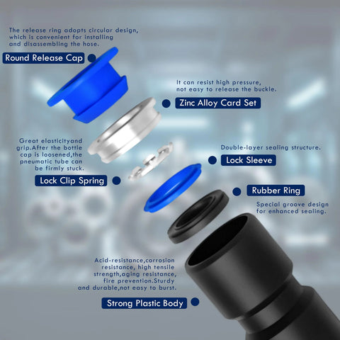 Brintek push-to-connect pneumatic fitting exploded view with blue release cap, zinc alloy parts, rubber ring, black body
