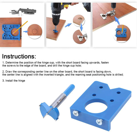 Concealed Hinge Jig 35mm Drilling Guide For Frameless Cabinets And Wardrobes shown with instructions and parts