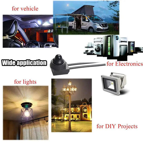 Collage showing applications of 5 Pack 12V Push Button Switches Waterproof On Off Micro Light Toggle for vehicles, lights, electronics, and DIY projects.