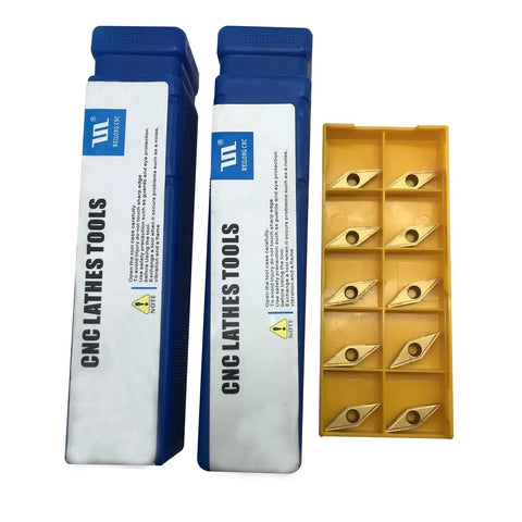 Two Piece Half Inch Indexable Metal Lathe Tool Holder Set With VCMT110304 And VCMT32.51 Carbide Inserts For CNC Turning And Boring Bars Multilayer Coated By Hunricho showing two tool holders and carbide inserts.