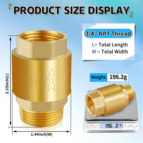 Boltigen brass 3/4 in NPT spring check valve, 2 pcs, inline backflow preventers for wells, female to male threads.