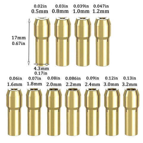 11 brass collets in 16 Piece Drill Chuck Collet Set For Rotary Tools 0.8 To 3.2mm Quick Change Keyless Chuck Kit