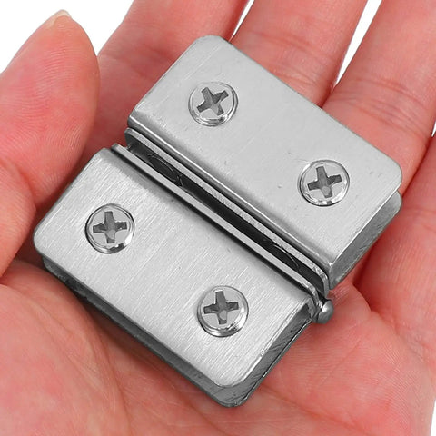 Heavy Duty Double Sided Stainless Steel Glass Door Hinges For Cabinets And Display Cases Quiet Smooth Operation Adjustable Square Glass Door Clamps For Wine Cabinets 2 Pack Noiseless Hassle Free Install held in hand showing size and material