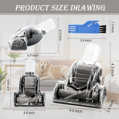Product size drawing for Upgraded Pet Hair Power Brush Attachment For Navigator Lift Away Upright Vacuum Cleaners, with dimensions.