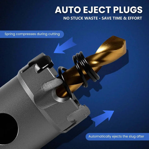 Close-up of a titanium plated TCT bit from 16 Piece Heavy Duty Carbide Hole Saw Kit with auto-eject mechanism for fast cutting.