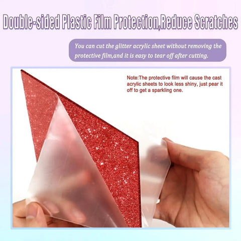 Hand peeling film from glitter cast acrylic sheet showing red color for laser cutting and engraving, protective film visible.