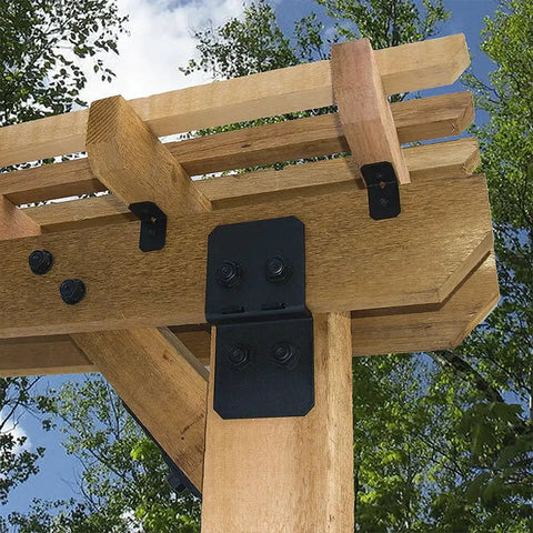 Two Inch Rafter Clips With Matching Hardware For Outdoor Wood Structures Black Powder Coated Galvanized Steel Includes Ten Clips And Twenty Hex Head Sharp Point Screws For Fast Installation Ideal For Arbors Fencing Rafters Rails And More on wooden structure