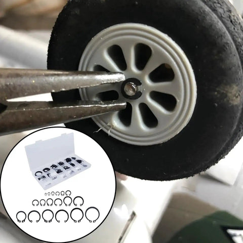 E Clip Assortment Kit 304 Stainless Steel 300 Pieces External Retaining Rings And C Clips For Automotive Machinery And DIY Projects Built To Last With Heat Treated Anti Corrosion Fasteners, close-up of clip being installed on wheel
