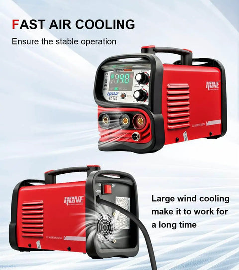 Three in One welding machine delivers MIG flux core and Lift TIG welding with synergic MIG control, 140 Amp, large LED display.