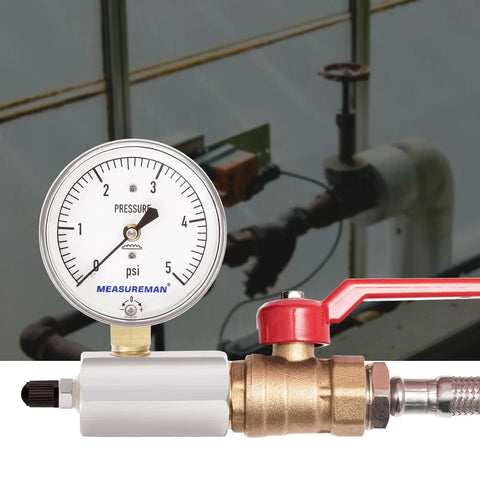 MEASUREMAN diaphragm-type low-pressure gauge with valve; 2-1/2" dial, 0–5 psi, 3/4" FNPT, brass body, red lever