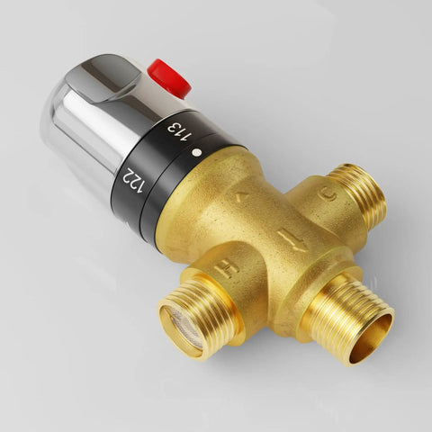 Thermostatic Mixing Valve Half Inch NPT Solid Brass Temperature Control For Shower Kitchen Faucet And Solar Systems With Adjustable Thermostat Red Button
