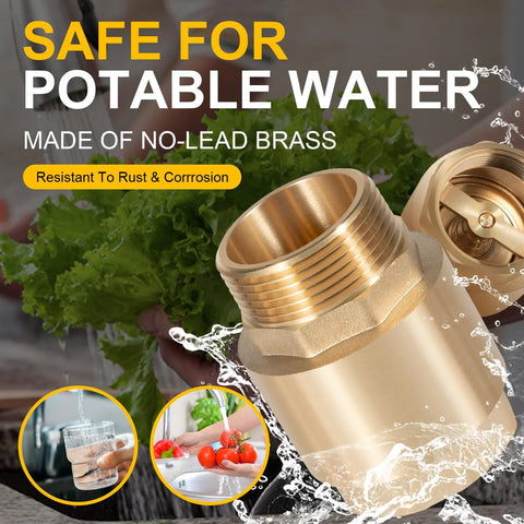 Brass one-way check valve for potable water; close-up of 1-1/4 in NPT male to 1-1/4 in FNPT outlet, heavy-duty.