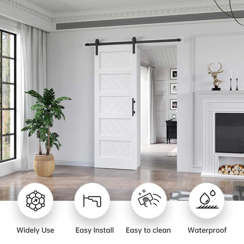 White 30x84 Inch Sliding Barn Door With 5.5 Ft Hardware Kit Included Solid MDF Slab With Waterproof Scratch Resistant PVC Surface DIY Easy Install Space Saving 5 Panel Door installed in living room