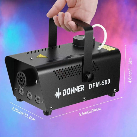 Fog Machine With RGB LED Light and 13 Color Modes, 500W 2000CFM Haze Machine, ideal for events, side view with dimensions