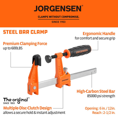 Jorgensen steel bar clamp set, 4-pack, includes 6in & 12in F-clamps, orange ergonomic handle
