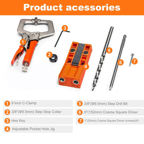 All In One Pocket Hole Jig Kit With 11 Inch Clamp Square Driver Bit Hex Wrench Depth Stop Collar Step Drill Bit Coarse Square Driver Screws Handy Portable Case For Woodworking Joinery And Do It Yourself Projects components displayed on white background