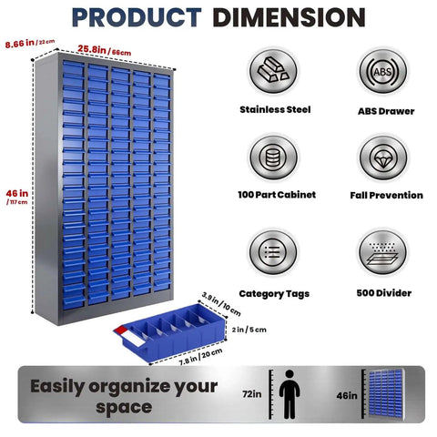 Boss Level Heavy Duty 100 Drawer Nut And Bolt Organizer Cabinet With Stainless Steel Build dimensions and features infographic