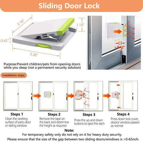 Sliding door lock showing installation steps and measurements
