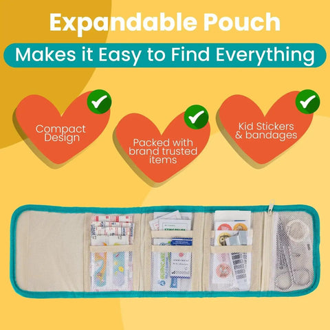 Open teal expandable pouch from Travel First Aid Kit For Kids Designed By A Mom And A Nurse With A 75 Piece Kit Of Essential Medical Supplies