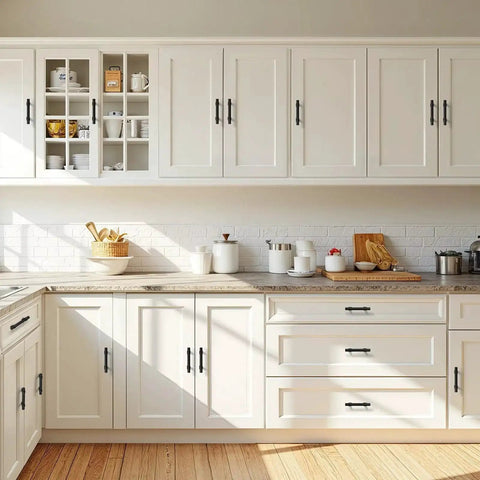 White kitchen with cabinets and drawers featuring Matte Black 6 Pack Stainless Steel Cabinet Handles With Zinc Alloy Base T Shaped Drawer Pulls 2.5 Inch Hole Centers Durable Corrosion Resistant For Cabinets And Drawers Ideal For Kitchen Bathroom Office Furniture Hardware.