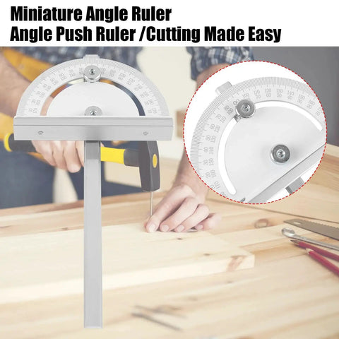 Premium Miter Angle Measuring Tool With Precision Inclinometer And Angle Detector For Woodworking Level Accuracy CNC Machined Aluminum Alloy With Anodized Finish Dual 0-180 Degrees Scales And Vernier Markings Ideal For Table Saws Milling Tables in use on a wooden board.
