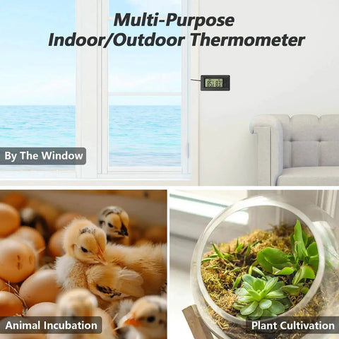 Dual Display Car Thermometer Indoor Outdoor Fahrenheit Celsius Max Min Memory near window, chick, and plant scenes