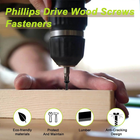 Wood Screws Assortment Kit With 500 Phillips Drive Black Flat Head Screws in use with a drill on a wooden board