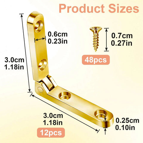 Twelve Pack 90 Degree Hinges For Wooden Boxes And Jewelry Boxes With 48 Screws Gold Finish Zinc Alloy Small Box Hinge dimensions