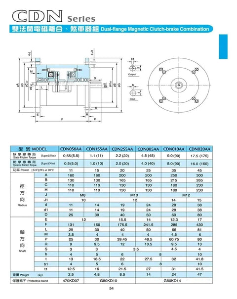 Diagram and specifications for DC 24V 35W 90Nm Double Flange Magnetic Clutch Brake Combination CSN010AA