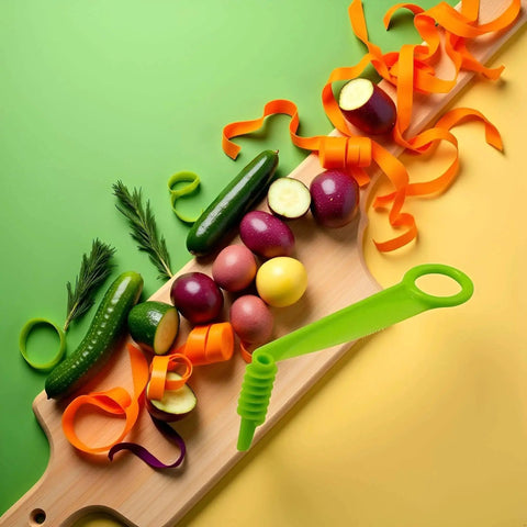 Green Spiral Slicer Portable Manual Kitchen Gadget For Cucumber Carrot And Potato Garnishes on cutting board with vegetables