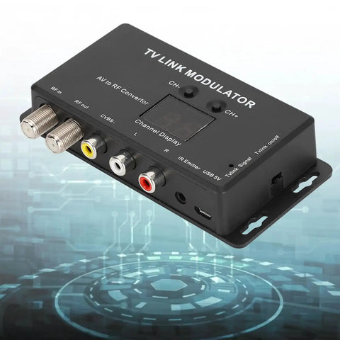Compact A V To RF Modulator With Adjustable Audio Level And Optional Channel PAL Compatible front view