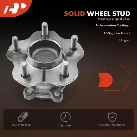 Rear Wheel Bearing And Hub Assembly Pair For Nissan Rogue 2014-2020, Rogue Sport 2017-2022, Qashqai 2017-2019, FWD Only, 5-Lug, Left And Right Sides, Heavy Duty, Easy Install, High Load Capacity, Smooth Rotation, Durable Replacement Kit For Daily Driving, shown with anti-corrosion coating and solid wheel studs.