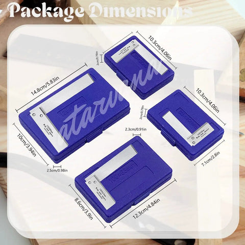 Machinist Square Set 2 3 4 6 Inch Pro Grade L Type Right Angle Ruler shown with blue storage cases and dimensions.