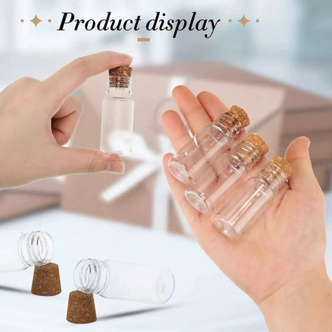 Hands holding 100 Pack Mini Plastic Bottles With Cork Stoppers And Eye Screws Craft Kit for DIY Projects and Party Favors