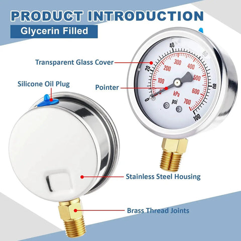 Six Pack 0 To 100 Psi Glycerin Liquid Filled Pressure Gauges Set With 2.5 Inch Dial One Quarter Inch NPT Brass Lower Mount