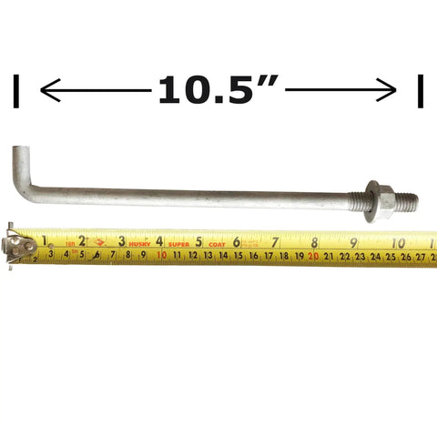 Galvanized Anchor Bolts In 10 Inch By One Half Inch, heavy duty steel bolt with nut measured alongside tape measure
