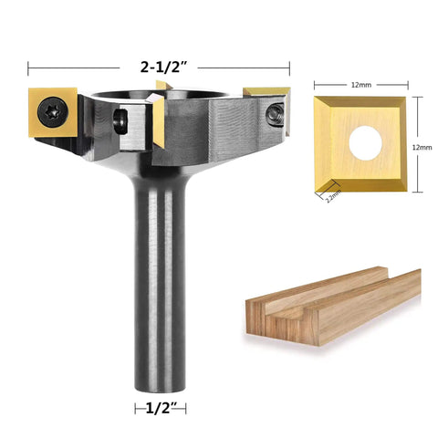 CNC Spoilboard Surfacing Router Bit With Half Inch Shank And Two And A Half Inch Cutting Diameter Four Wings Coated Carbide Inserts For Slab Flattening And Planing In Woodworking Tools Pro Grade