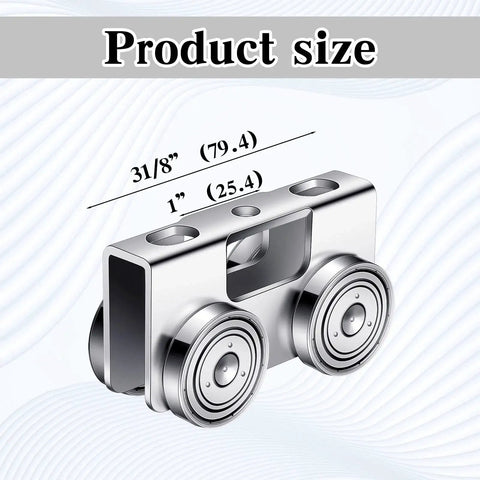 Diagram showing dimensions of Four Pack Heavy Duty Wheel Trolley Assembly Rollers for stable silent operation with 1-5/8 inch channel compatibility