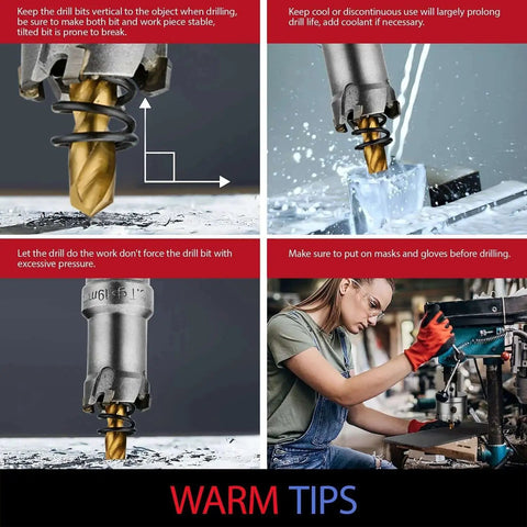Tips for using 20 Piece TCT Carbide Hole Saw Kit 1/2 Inch To 2-1/8 Inch Tungsten Carbide Drill Bits on metals with safety measures