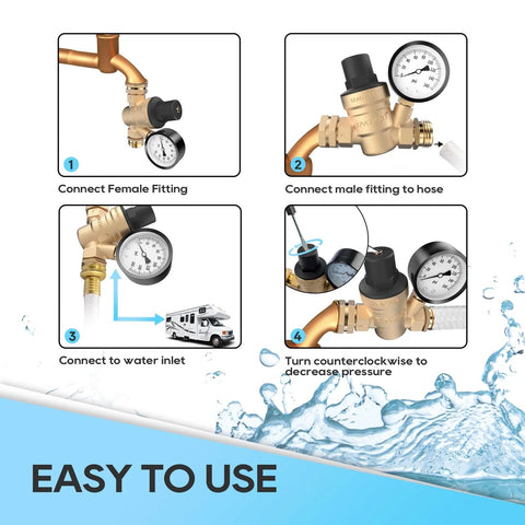 RVGUARD brass water pressure regulator with gauge and inlet filter; shows fittings, hose, and pressure adjustment.