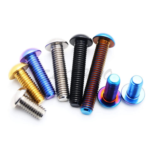 Different colored titanium alloy socket head cap screws with blue purple anodized finish, M4-M8, CNC machined for strength.