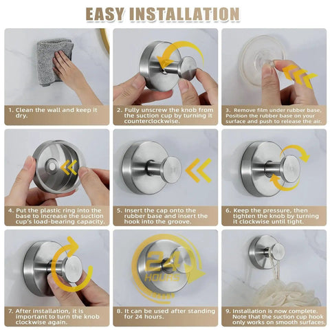 Step-by-step guide to installing suction cup hooks for shower and bathroom no drill installation, showing placement on smooth surfaces.