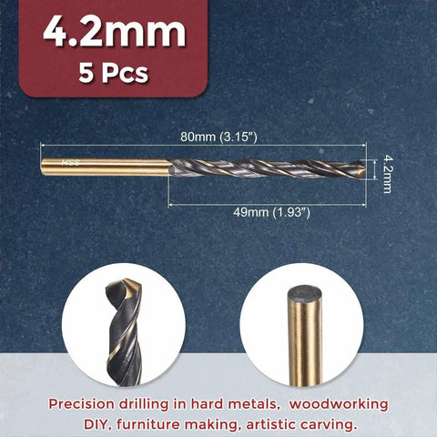 Five Pack 4.2mm Drill Bits M2 High Speed Steel Twist Cutting Tools For Metal Wood Plastic With 135 Degree Split Point And Black Gold Finish, 75mm Overall Length And 43mm Flute Length, Great For Machining And Craft Projects.