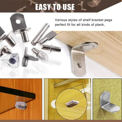 Various shelf bracket pegs and supports from 237 Piece Shelf Pins Kit With Nickel Plated Metal Pins Black Rubber Sleeves And 9 Styles Of Bracket Pegs For Cabinets And Bookshelves Fits Shelf Holes Hardware Set For Furniture Repair And Grab And Go DIY Upgrades.