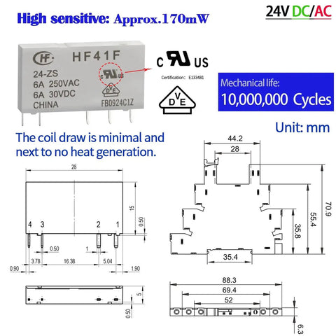 Ultra Compact 24V Electromagnetic Relay 1 Form C SPDT 1NO 1NC 6A For Plug And Play PLC Control UL Listed with dimensions and specs.