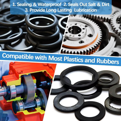 Food Grade Silicone Grease For Faucets And O Rings Valve Rubber Seals Pool Pump Lube displayed with rings and gears