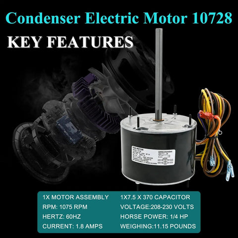 Condenser Fan Motor Replacement 10728 Drop In Replacement For Mars 10733 with wiring and specifications displayed.