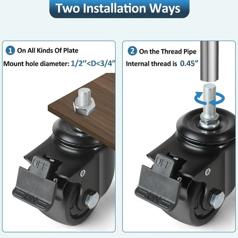 Heavy Duty 3 Inch Swivel Caster Wheels With Half Inch Diameter, 13 TPI, 1 Inch Threaded Stem, Brake, Low Profile Design