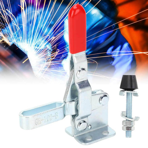 GH 102 B welding toggle clamp with red handle for woodworking jigs, featuring quick release latch, heavy-duty cast iron, alloy steel.